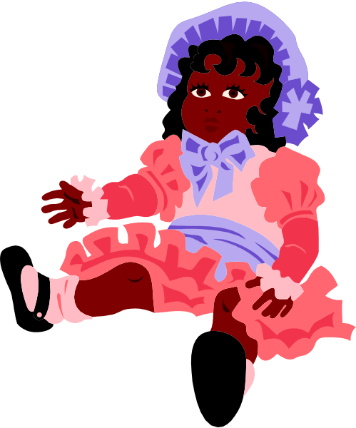 The illustration depicts a cartoon baby girl with dark hair wearing an old fashioned dress sitting on what appears to be her mother's lap in front of a black background.