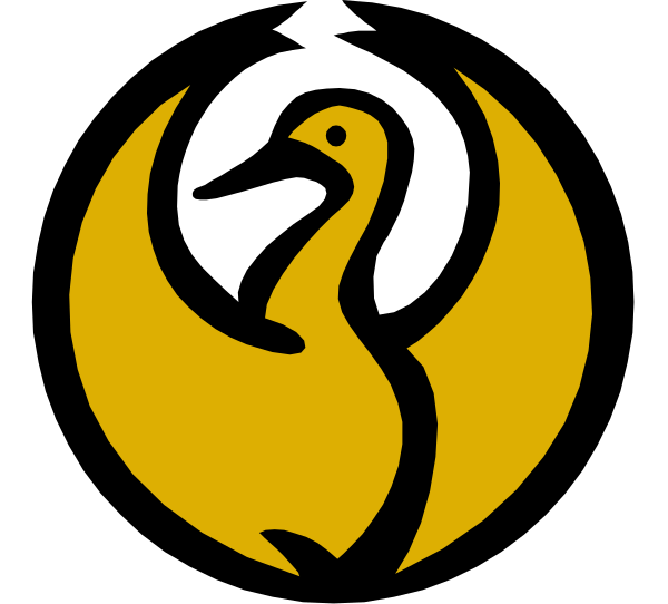 The image shows a logo with an eagle's head inside it, set against a black background.