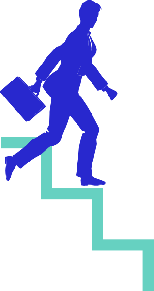 The image shows a black and white pixelated staircase with two figures walking up it; on top of each other is an object resembling a book bag in blue coloring.