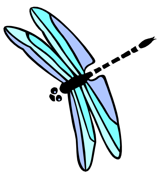 The image shows a stylized illustration of an open blue dragonfly with green wings against a black background on the left side; there is no text present in this clip-art graphic.