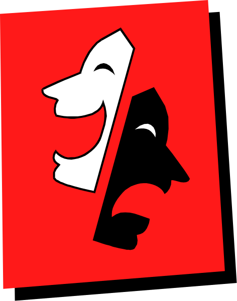 The image shows a red mask with white teeth on it against an orange background.