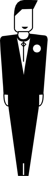 The image shows a black and white photo of two men standing side by side with their backs to each other; both appear to be wearing suits but only one is clearly visible due to cropping at waist level on either end, creating an illusion that there's just one man in between them who has been digitally altered.