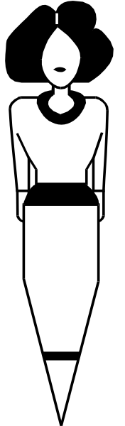 The black and white silhouette of a person standing next to another figure that appears to be sitting down with their legs crossed at an angle in front of them.