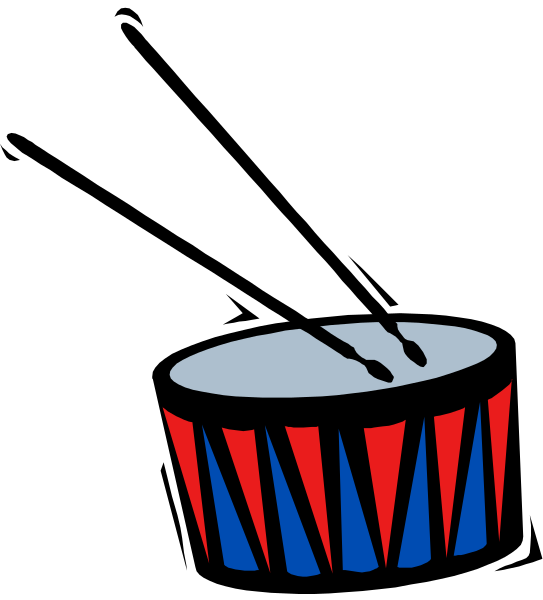 The image shows a cartoon depiction of two drums with sticks on top against a black background.