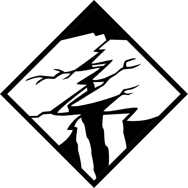The image shows a stylized black and white illustration of an uprooted tree with its roots exposed on top against a dark background; there is no text present in this clip-art piece.