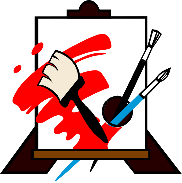 The image shows a stylized graphic of an animated character with red hair holding what appears to be a paintbrush in one hand and a palette knife in another, standing next to a canvas that has splatters resembling blood on it; there is also a clock showing the time as 12:05. The background is black. There are no texts or other objects present within this image. This appears to be an illustration rather than photographic imagery and may have been created for artistic, decorative, or symbolic purposes. It does not depict any