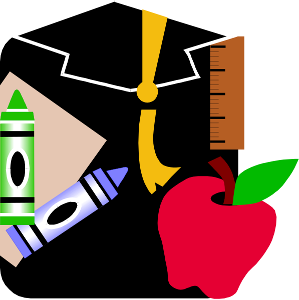 The image shows a collection of educational items including an apple with a bite taken out, pencils, crayons, scissors, rulers, graduation cap, diploma scrolls, books and other school-related objects arranged in two columns against black background.
