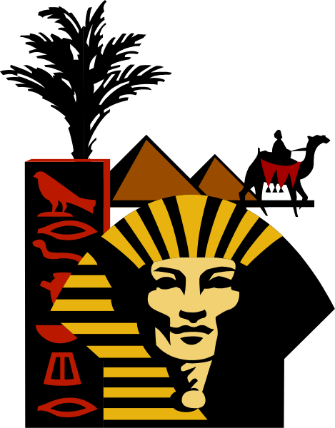 The logo features a stylized depiction of an ancient Egyptian pharaoh's head with hieroglyphic symbols above it on what appears to be a background that resembles desert sand dunes, and below is a silhouette of mountains or pyramids in the distance.