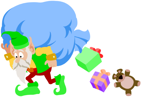The image shows a cartoon of two characters: an elf with blue hair on its left side carrying gifts while another character in green attire is standing to his right holding presents as well; both appear surprised by something off-screen, and there's a small dog at their feet looking upwards.