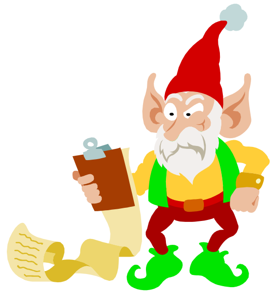 The cartoon depicts a gnome with an angry expression holding papers while standing next to a clipboard; he is also wearing elf shoes and has a beard.