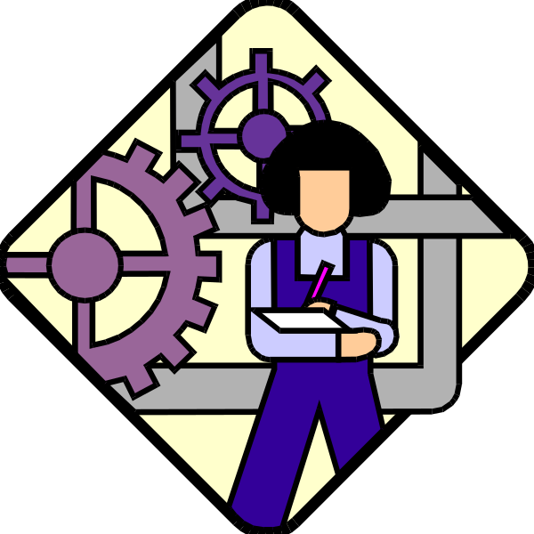 The image shows a stylized illustration of two characters: on the left is an icon representing a person with gears in their head, symbolizing technology or engineering; to the right stands another figure holding what appears to be papers and pens, suggesting work-related tasks such as planning or documentation. Both figures are set against a backdrop that includes additional gear icons, reinforcing themes of machinery and industry. The overall style is flat with limited shading, typical for clip art designs used in digital media like presentations or websites to represent concepts quickly without detailed illustration. There'