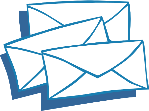 The image shows a collection of white envelopes with blue borders scattered across it against an unseen background.