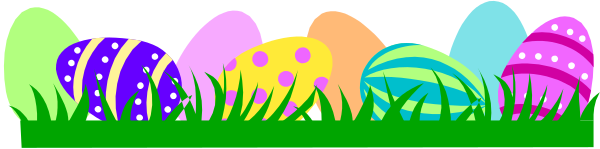 The image shows a colorful Easter scene with various eggs of different sizes scattered around an egg hunt pathway on grass, leading to a large decorated egg at the end.