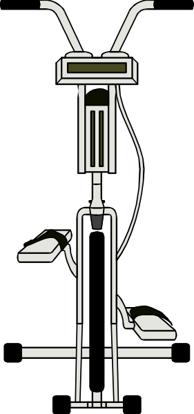 The black and white photo shows a gym equipment with various parts labeled as different muscles being worked during exercise.