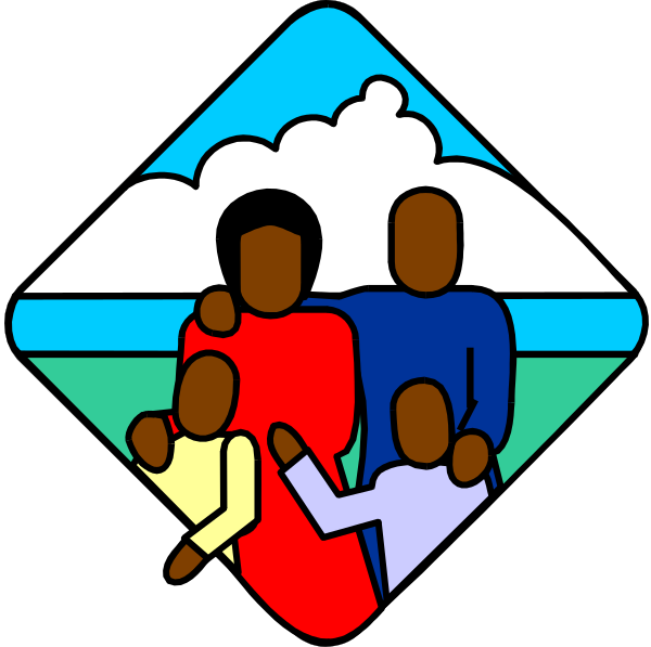 The image shows a stylized illustration of two families with three individuals each; there is no text present within this clip-art design.