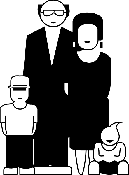 The black and white silhouette of a group posing for a photo with various expressions on their faces; some smiling while others appear neutral to sad.
