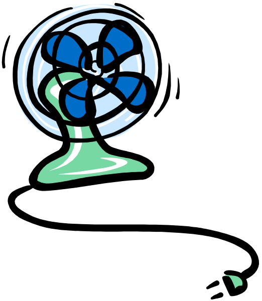 The image shows a stylized illustration of an electric fan with blue blades set against a dark background.
