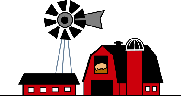 The black and white illustration depicts a scene with an industrial factory building on the left side of the frame; above it is a red silo structure connected to pipes that lead upwards towards two large smoke stacks, one emitting steam while another has flames coming out from its top right corner. In front of these structures are three smaller buildings: in the center stands an orange factory building with multiple windows and what appears to be machinery inside; on either side flanking it is a red barn-like structure connected by pipes that lead upwards towards two large smoke stacks,
