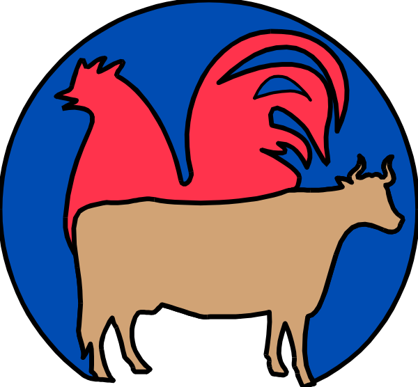 The image shows a stylized graphic of two roosters with red feathers on their heads standing next to each other in front of what appears to be an outline of a cow's head facing left, all set against a blue background within circular frames that resemble badges or stickers.