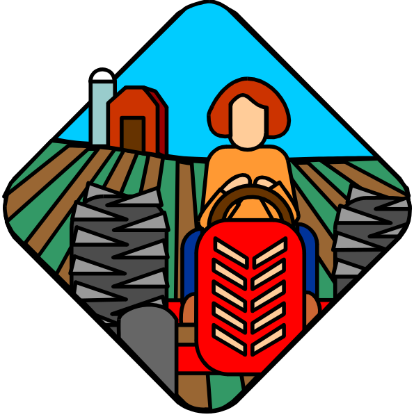 The image shows a stylized illustration of two scenes: on top is an adult woman driving a tractor with farmland in background; below her is another scene featuring a child sitting atop a red vehicle, also set against rural scenery including fields and barns.