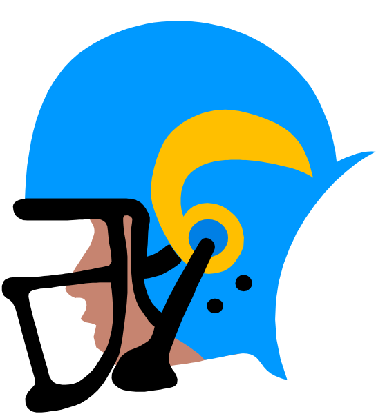 The image shows a stylized graphic of an athletic helmet with two ears on either side, featuring what appears to be a face mask design in blue tones against a dark background.