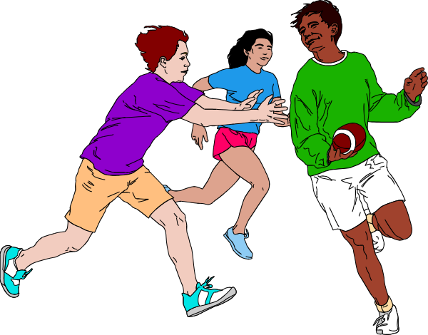 The illustration shows three animated characters running with a football on an indoor track; two of them appear to be male athletes in sports attire while one is depicted as female wearing casual clothing.