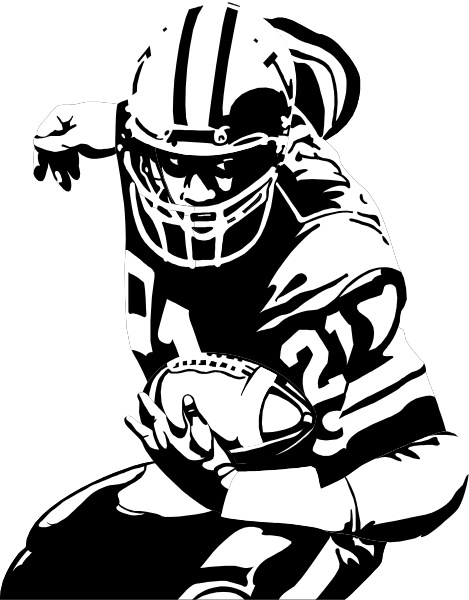 The black and white silhouette of a football player holding a ball while running on what appears to be an American Football field with goalposts in background.