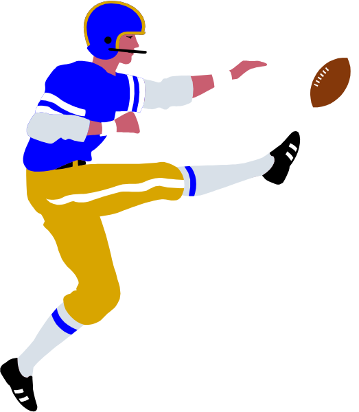 The image shows a black and white illustration of an American football player wearing blue uniform with gold accents, holding onto a brown ball in his right hand while running to the left on what appears to be a field marked by lines for boundaries.