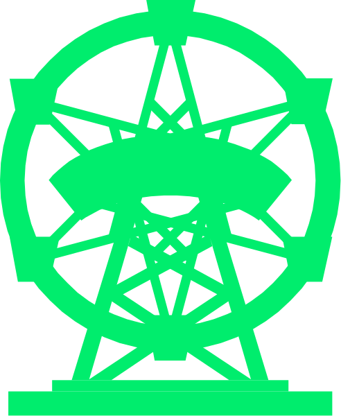The image shows a green stylized illustration of an electric tower with gears inside it on top of what appears to be a globe.