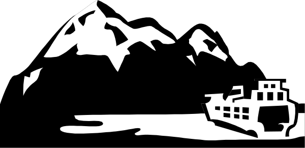 The black and white silhouette of a mountainous landscape with buildings at its base on an island surrounded by water under a night sky.
