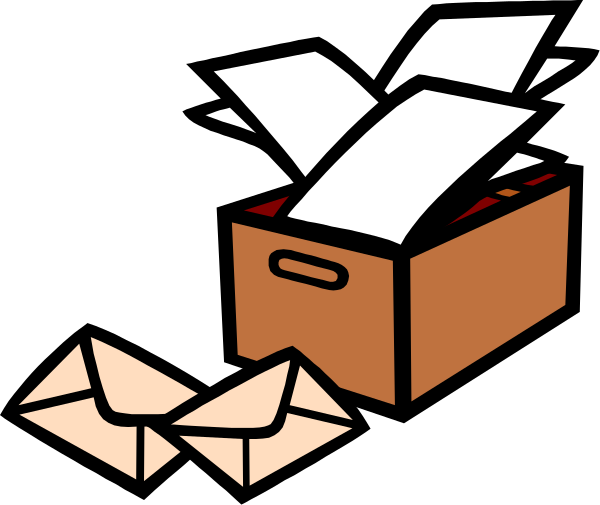 The image shows a cartoon of an open cardboard box with papers spilling out onto what appears to be a desk surface; there is also one paper airplane on top left corner of the box.
