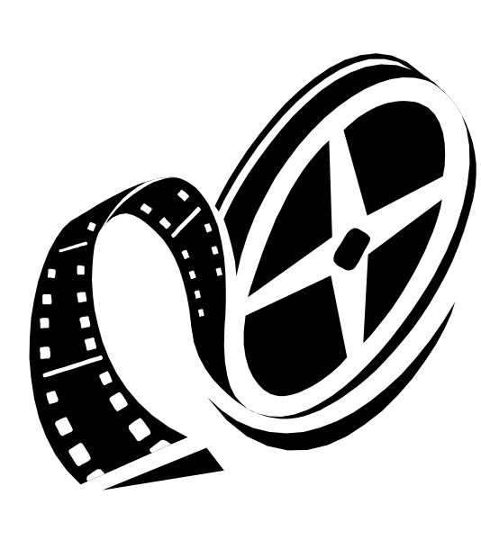 The black and white silhouette of a film reel with an arrow pointing to it from above.