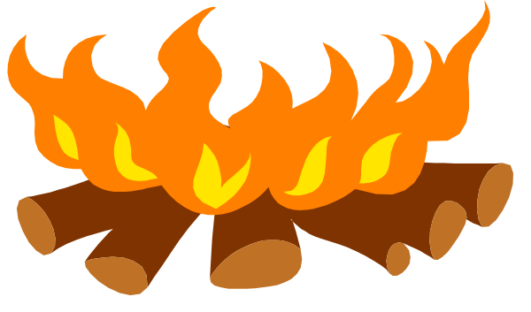 The image shows a cartoon depiction of an orange fire with flames on top burning brightly over logs that resemble sticks in front of it against a dark background.