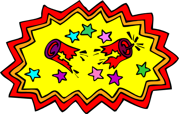 The image shows a colorful comic book explosion with stars inside it on top of what appears to be an exclamation mark graphic design element.