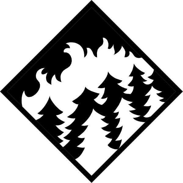 The black and white silhouette of a forest fire with trees on either side.