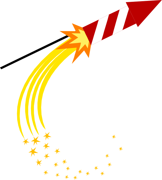 The image shows a stylized rocket with flames at its base launching into space against a dark background; there is also an animated trail of stars behind it suggesting motion through the cosmos.