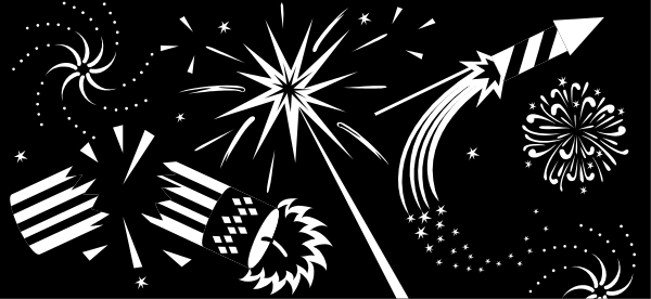 The black and white silhouette of a fireworks display with stars above it on what appears to be New Year's Eve night sky background.