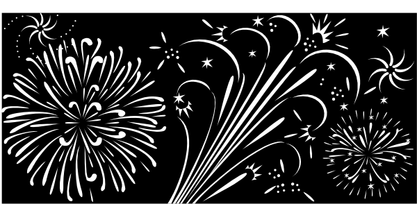 The black and white silhouette of fireworks with stars above them on a dark background.