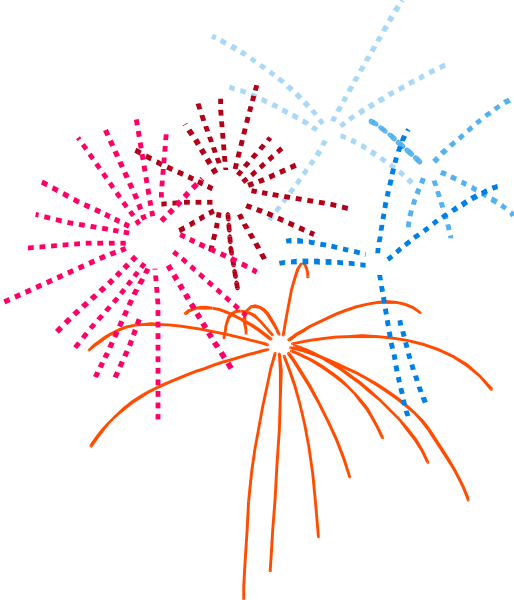 The image shows a digital illustration of fireworks with red, white, blue, orange, yellow, green, pink, purple, black backgrounds in various patterns against each other to create an explosion effect.