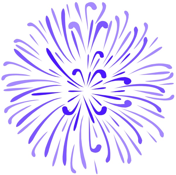 The image shows a vibrant fireworks display with purple outlines against a black background.