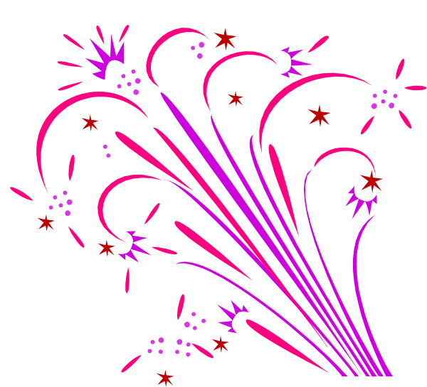 The image shows a colorful fireworks display with sparkles against a dark background featuring pink stars on top of purple fountains in front of black silhouettes that resemble trees.