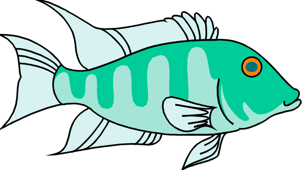 The image shows a cartoon of an aquatic fish with blue scales swimming near what appears to be coral reefs in black space against a white background.