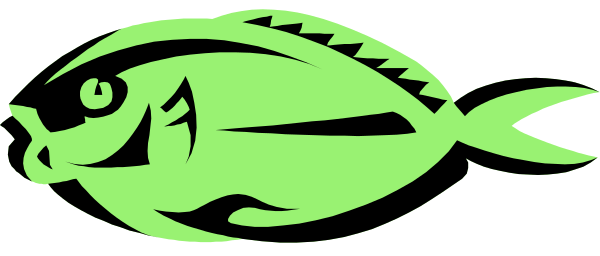The image shows a stylized fish with an open mouth against a black background.