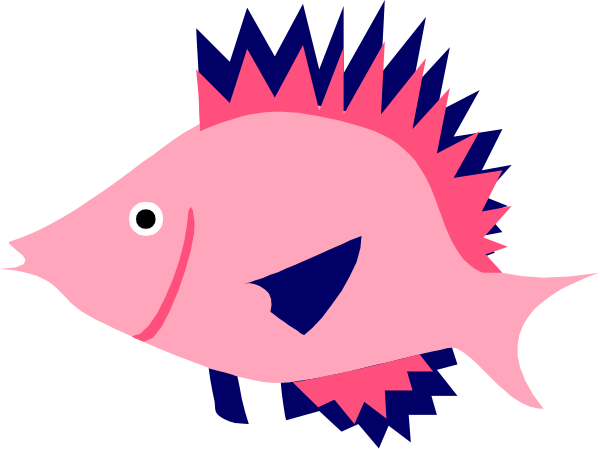 The image shows a pink fish with blue fins swimming underwater against a black background.