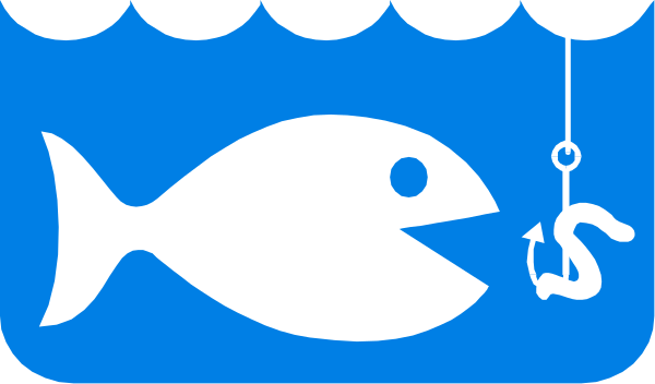 The image shows a blue fish with an anchor hanging from its mouth next to another smaller fish that is being caught by a fishing line attached to it.