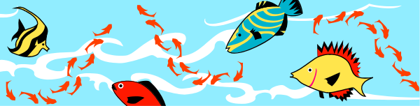 The image shows a group of colorful fish swimming together with red flowers floating on top of them; it is set against an aquatic background that suggests movement through water.