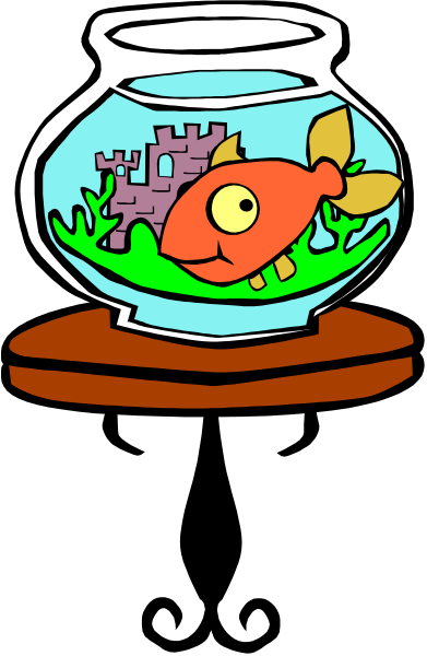 The image shows a cartoon fish inside an aquarium with green plants at its bottom, set against a background that appears to be outside during daylight hours under clear skies.