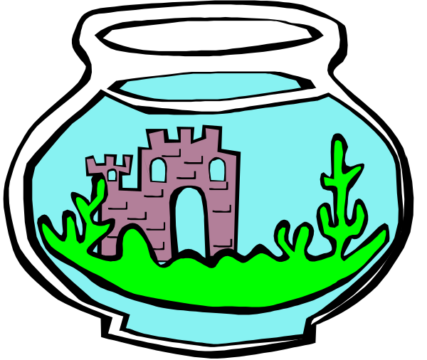 The image shows a fishbowl with an aquatic plant inside it on top of water, featuring a castle-like structure in front of which is a small archway overlooking cacti plants below.