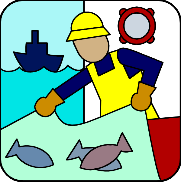The image shows a cartoon of two panels with an illustration that depicts marine life conservation activities: In panel 1) there is a person in yellow safety gear holding up fish to inspect them; behind this individual, we see boats and other maritime elements such as buoys and anchors. Panel 2) features the same character now standing on top of water with several fish swimming around him or her. The setting suggests an ocean environment where marine life is being monitored for conservation purposes. There are no texts present in this image to provide additional context about what's happening