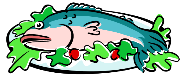The image shows a cartoon fish with green fins swimming out of water filled with seaweed on top of it.